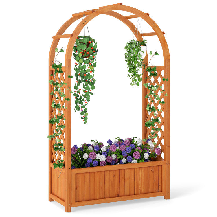 Outdoor Raised Garden Bed with Lattice Trellis Ached Roof Wooden Elevated Planter Box