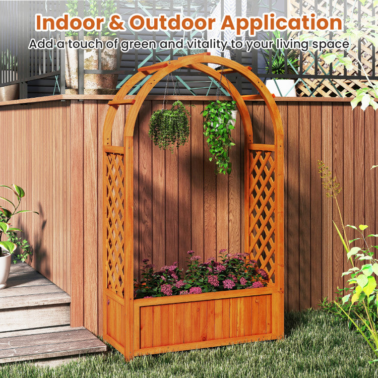 Outdoor Raised Garden Bed with Lattice Trellis Ached Roof Wooden Elevated Planter Box