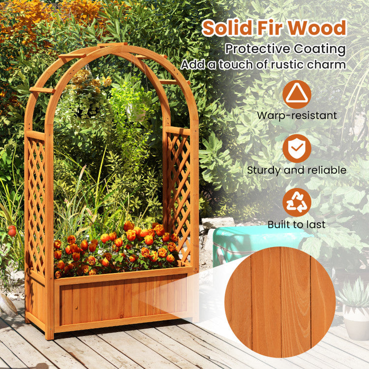 Outdoor Raised Garden Bed with Lattice Trellis Ached Roof Wooden Elevated Planter Box