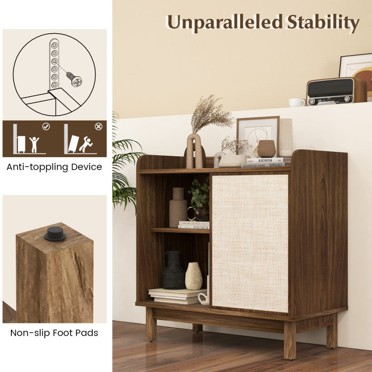 Home Rattan Buffet Sideboard Mid Century Floor Storage Cabinet with Sliding Door and Adjustable Shelves