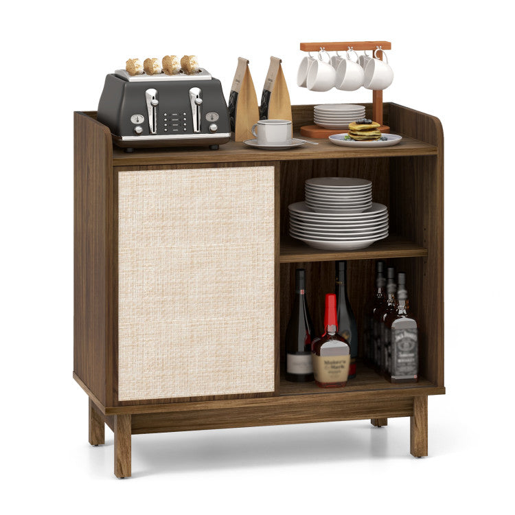 Home Rattan Buffet Sideboard Mid Century Floor Storage Cabinet with Sliding Door and Adjustable Shelves
