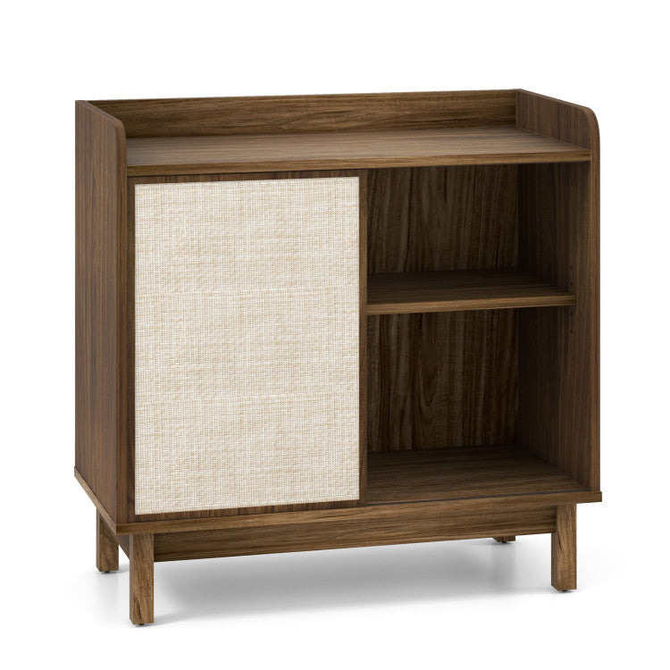 Home Rattan Buffet Sideboard Mid Century Floor Storage Cabinet with Sliding Door and Adjustable Shelves
