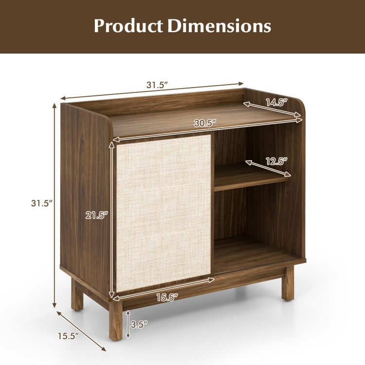 Home Rattan Buffet Sideboard Mid Century Floor Storage Cabinet with Sliding Door and Adjustable Shelves