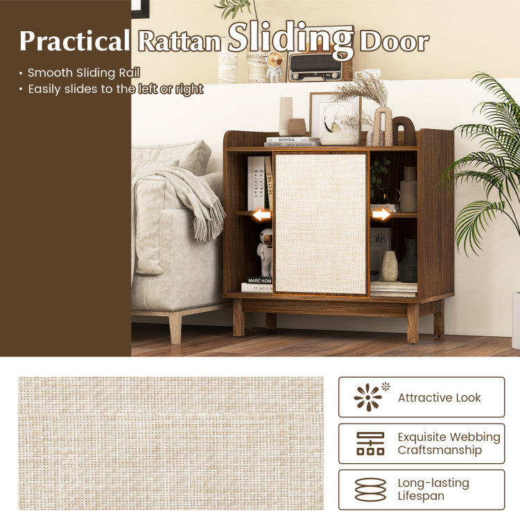 Home Rattan Buffet Sideboard Mid Century Floor Storage Cabinet with Sliding Door and Adjustable Shelves
