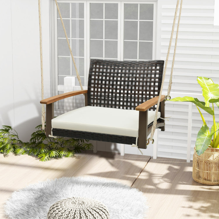 Outdoor Single Rattan Porch Swing with Armrests Cushion and Hanging Ropes