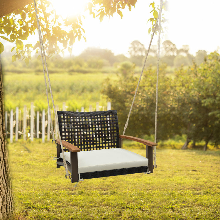 Outdoor Single Rattan Porch Swing with Armrests Cushion and Hanging Ropes