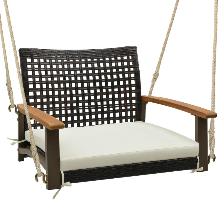 Outdoor Single Rattan Porch Swing with Armrests Cushion and Hanging Ropes
