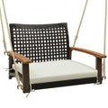 Outdoor Single Rattan Porch Swing with Armrests Cushion and Hanging Ropes