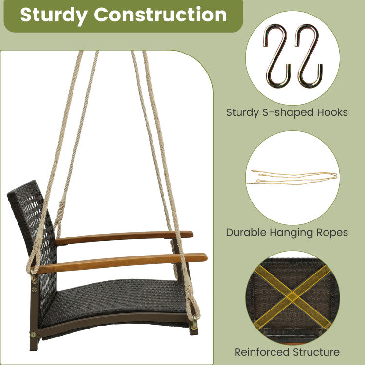 Outdoor Single Rattan Porch Swing with Armrests Cushion and Hanging Ropes