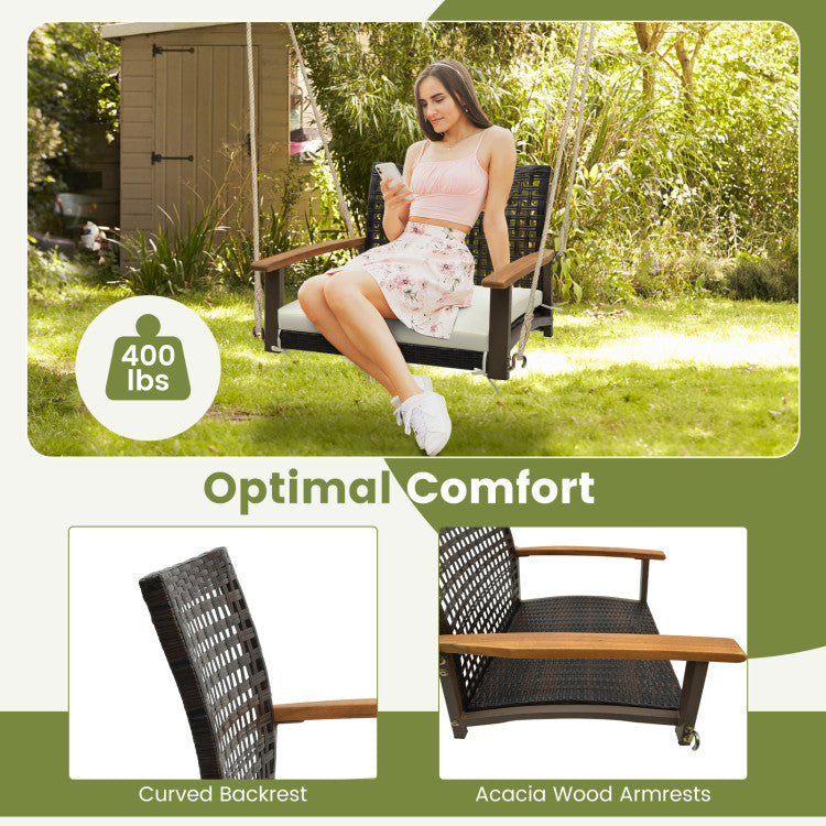 Outdoor Single Rattan Porch Swing with Armrests Cushion and Hanging Ropes
