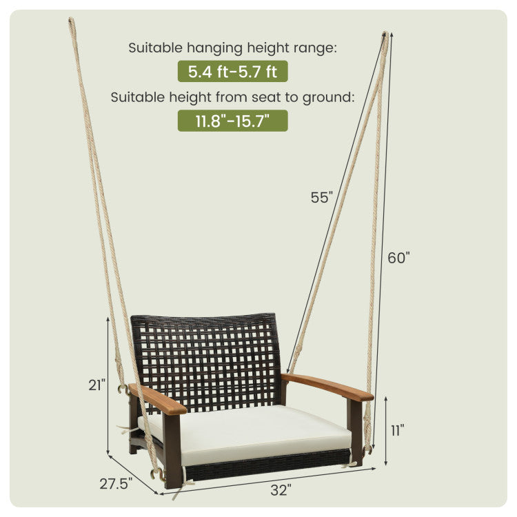 Outdoor Single Rattan Porch Swing with Armrests Cushion and Hanging Ropes