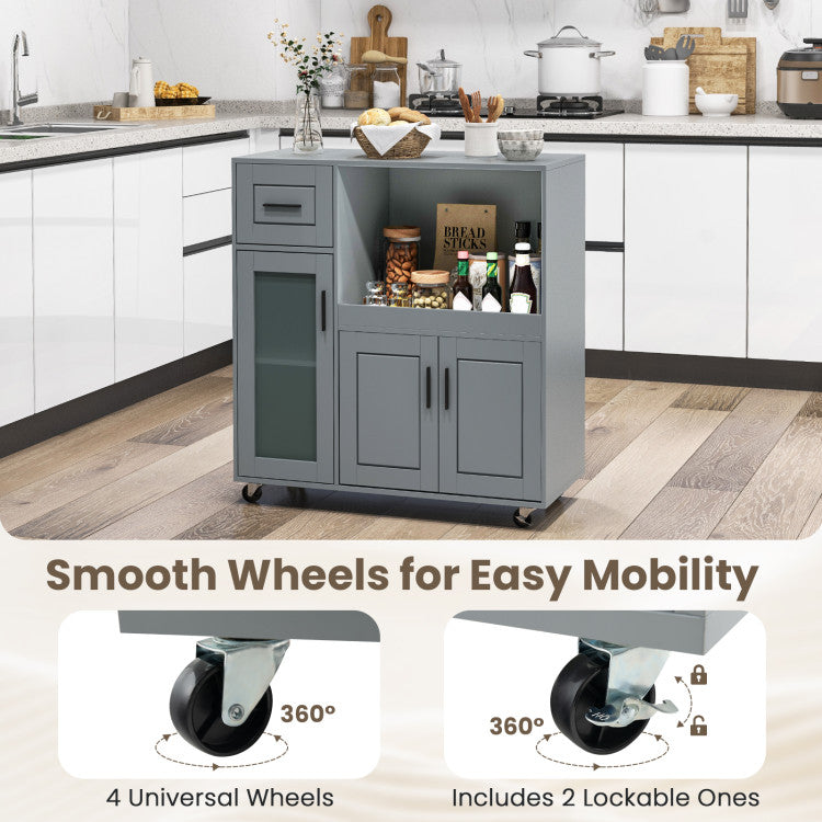 Modern Rolling Kitchen Island with Wheels Drawer and Glass Door Cabinet