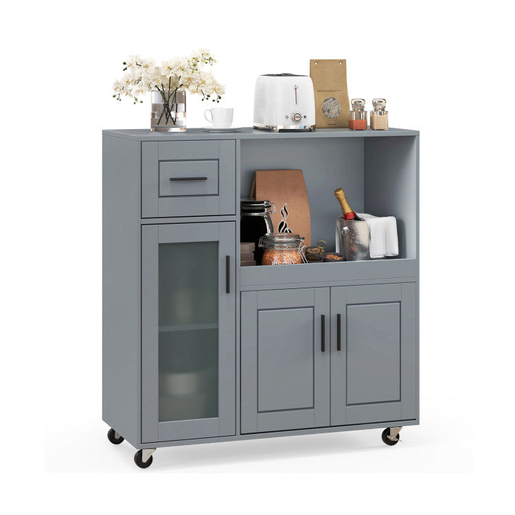 Modern Rolling Kitchen Island with Wheels Drawer and Glass Door Cabinet