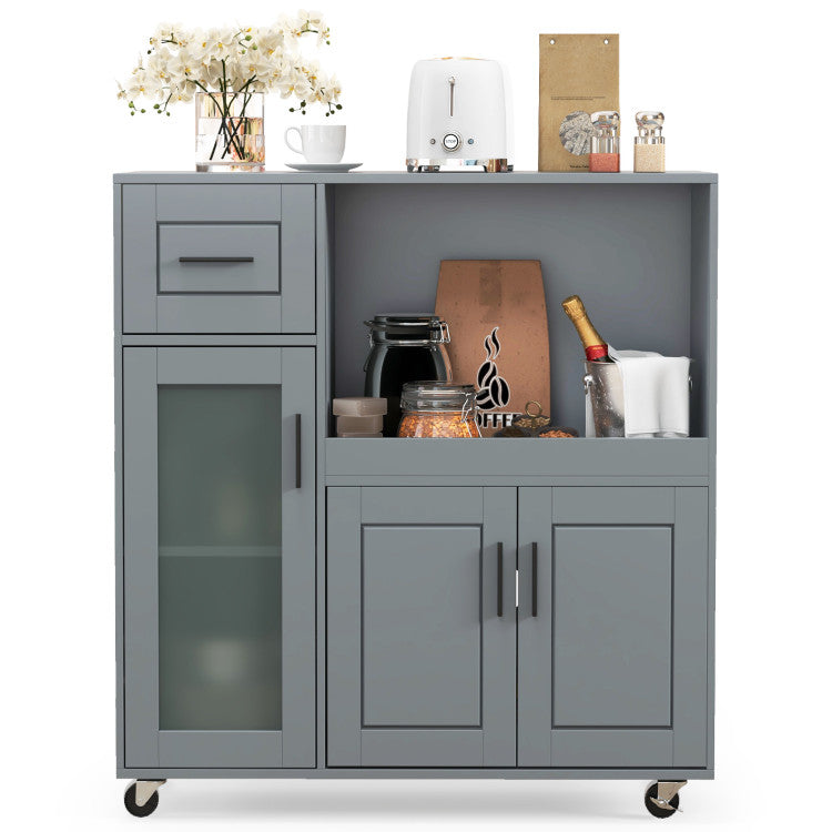 Modern Rolling Kitchen Island with Wheels Drawer and Glass Door Cabinet