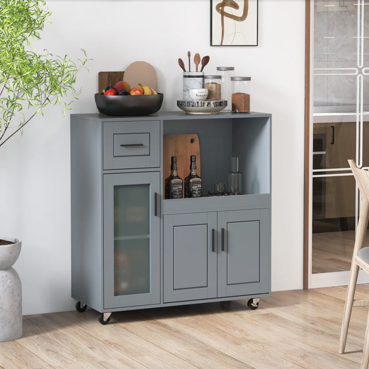 Modern Rolling Kitchen Island with Wheels Drawer and Glass Door Cabinet