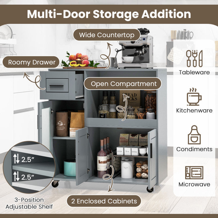 Modern Rolling Kitchen Island with Wheels Drawer and Glass Door Cabinet