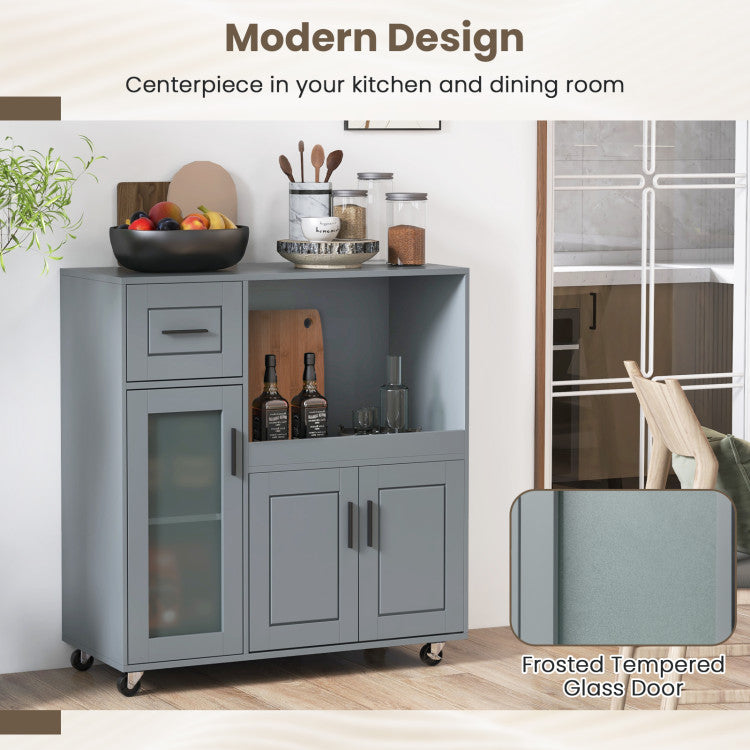 Modern Rolling Kitchen Island with Wheels Drawer and Glass Door Cabinet