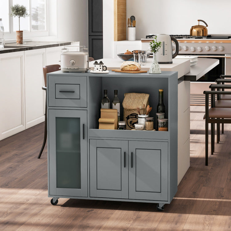 Modern Rolling Kitchen Island with Wheels Drawer and Glass Door Cabinet