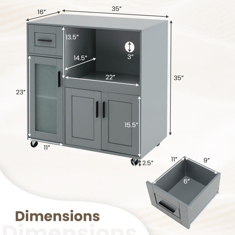 Modern Rolling Kitchen Island with Wheels Drawer and Glass Door Cabinet