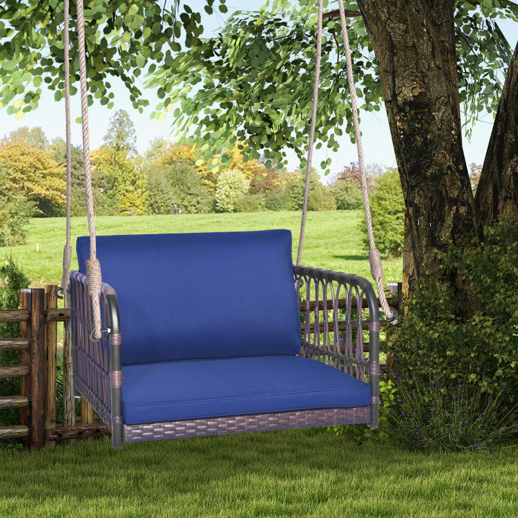 Outdoor 1-Person Rattan Hanging Porch Swing Seat with Cushions and Ropes