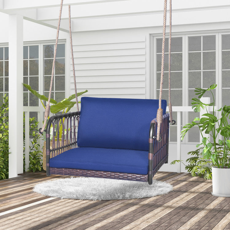 Outdoor 1-Person Rattan Hanging Porch Swing Seat with Cushions and Ropes