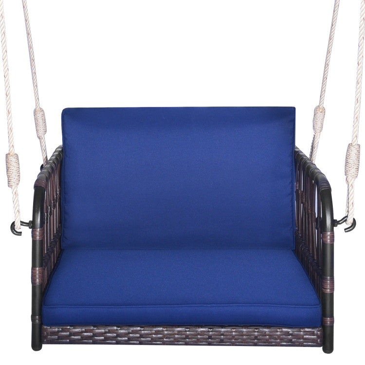 Outdoor 1-Person Rattan Hanging Porch Swing Seat with Cushions and Ropes