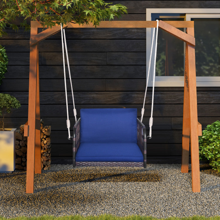 Outdoor 1-Person Rattan Hanging Porch Swing Seat with Cushions and Ropes