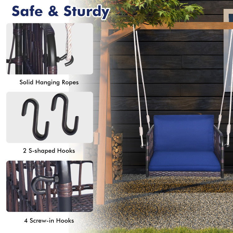 Outdoor 1-Person Rattan Hanging Porch Swing Seat with Cushions and Ropes
