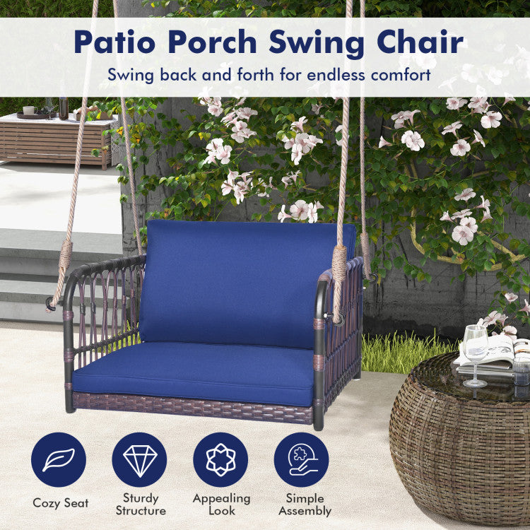 Outdoor 1-Person Rattan Hanging Porch Swing Seat with Cushions and Ropes