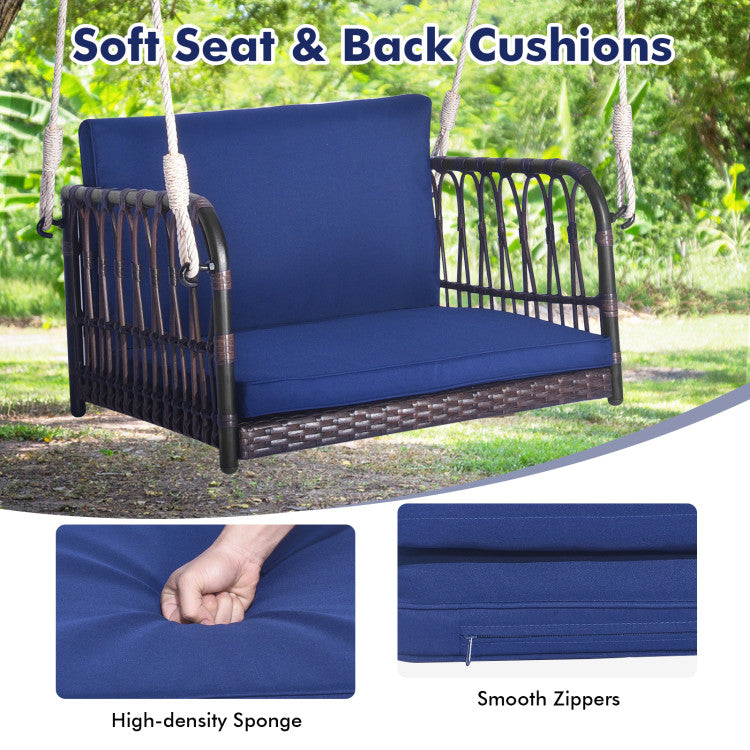 Outdoor 1-Person Rattan Hanging Porch Swing Seat with Cushions and Ropes