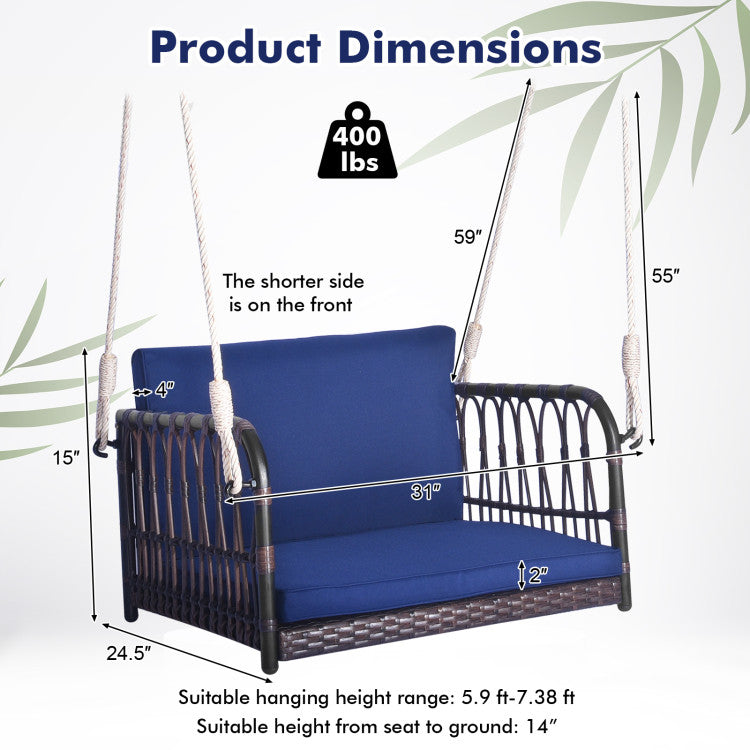 Outdoor 1-Person Rattan Hanging Porch Swing Seat with Cushions and Ropes