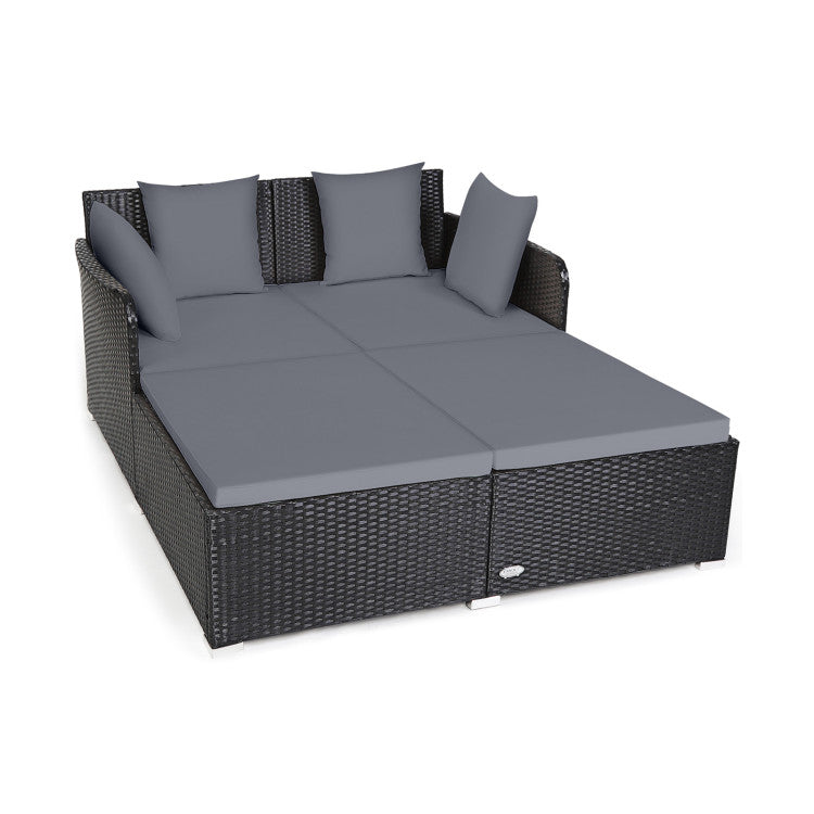 Outdoor Spacious Outdoor Rattan Daybed with Upholstered Cushions and Pillows