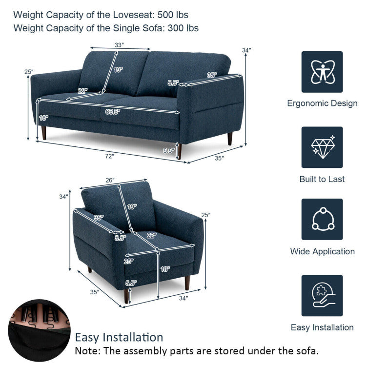 Home 2 Pieces Modern Upholstered Sofa Set with Removable Cushion Covers