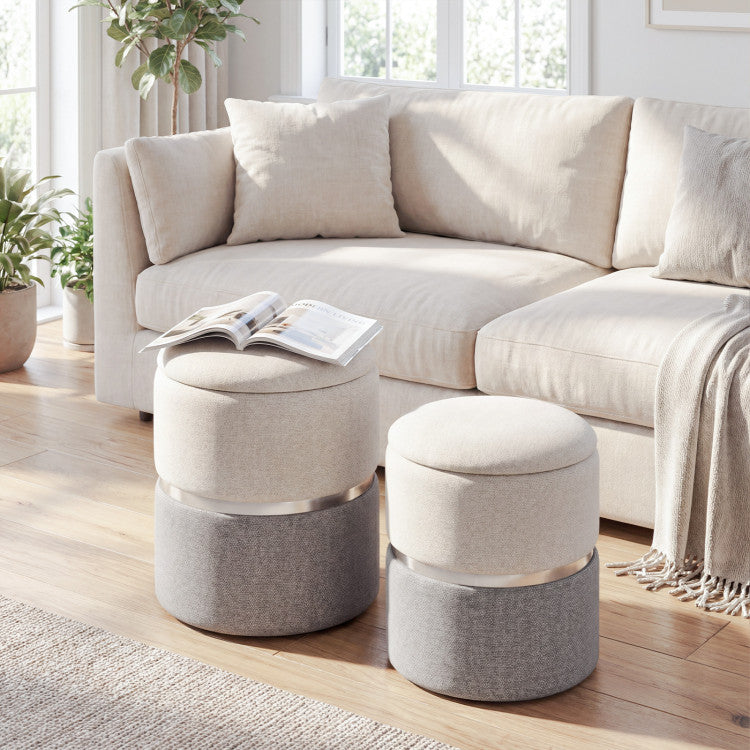 Home Velvet/Linen Fabric Storage Ottoman Set of 2