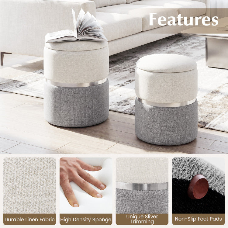 Home Velvet/Linen Fabric Storage Ottoman Set of 2