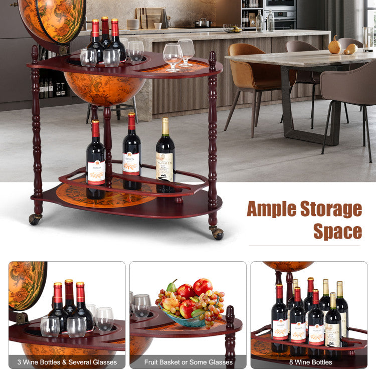 Home Vintage Globe Rolling Wine Bar Cart with Extra Shelf
