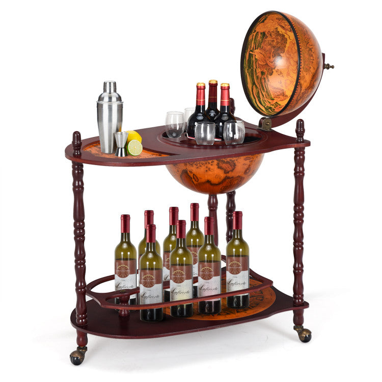 Home Vintage Globe Rolling Wine Bar Cart with Extra Shelf
