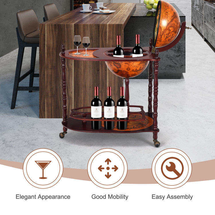 Home Vintage Globe Rolling Wine Bar Cart with Extra Shelf