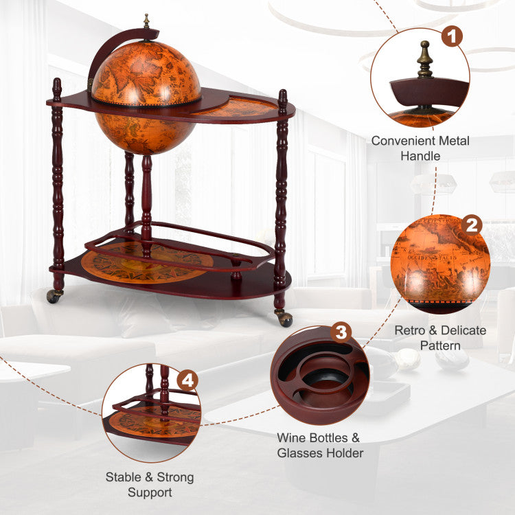 Home Vintage Globe Rolling Wine Bar Cart with Extra Shelf