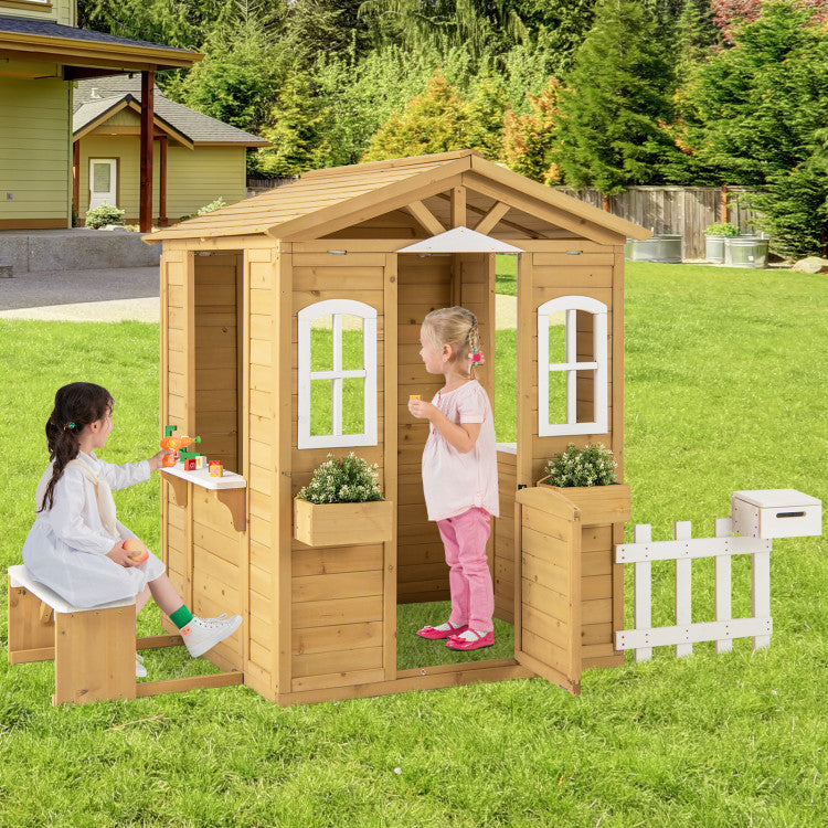 Kids Wood Playhouse with Bench and Serving Stations for 2+ Years Old Kids