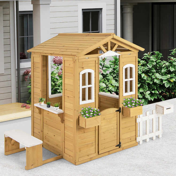 Kids Wood Playhouse with Bench and Serving Stations for 2+ Years Old Kids