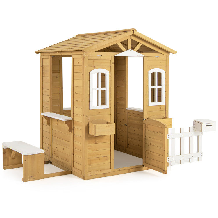 Kids Wood Playhouse with Bench and Serving Stations for 2+ Years Old Kids