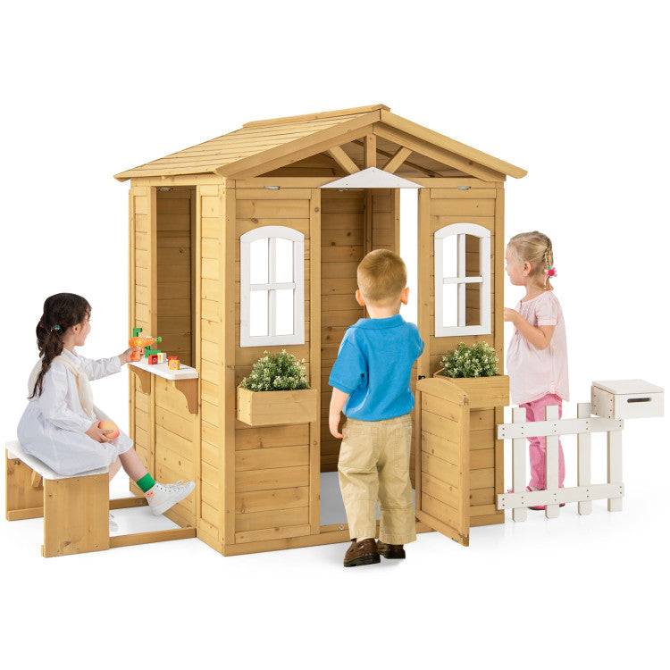 Kids Wood Playhouse with Bench and Serving Stations for 2+ Years Old Kids