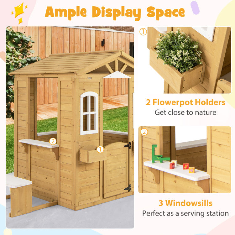 Kids Wood Playhouse with Bench and Serving Stations for 2+ Years Old Kids