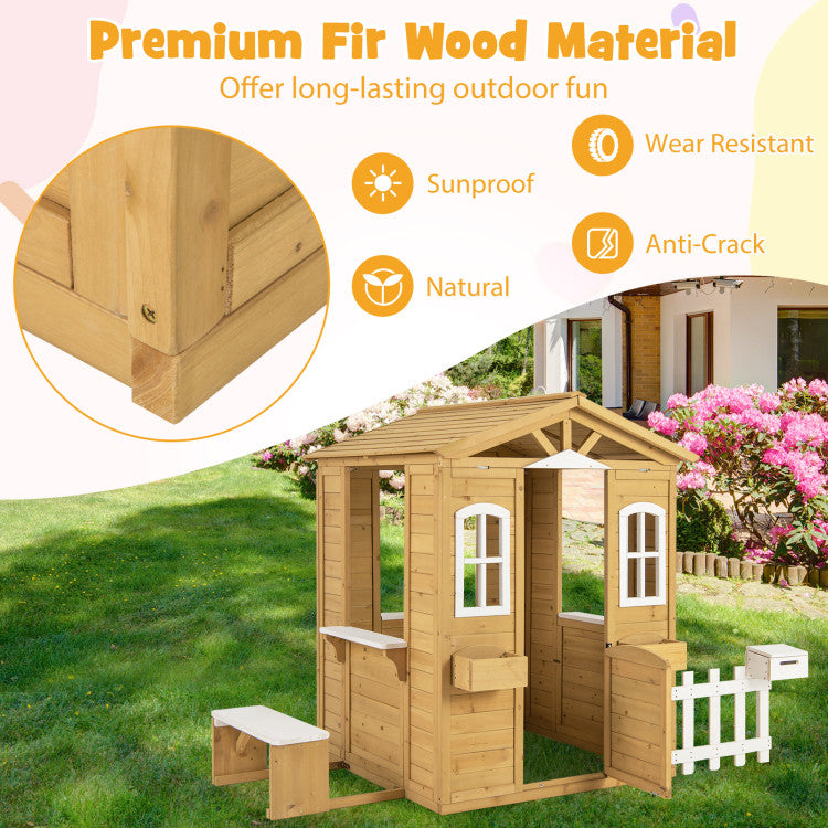 Kids Wood Playhouse with Bench and Serving Stations for 2+ Years Old Kids