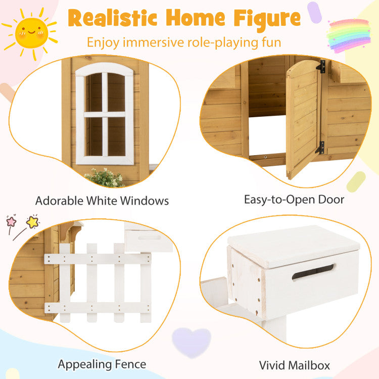 Kids Wood Playhouse with Bench and Serving Stations for 2+ Years Old Kids