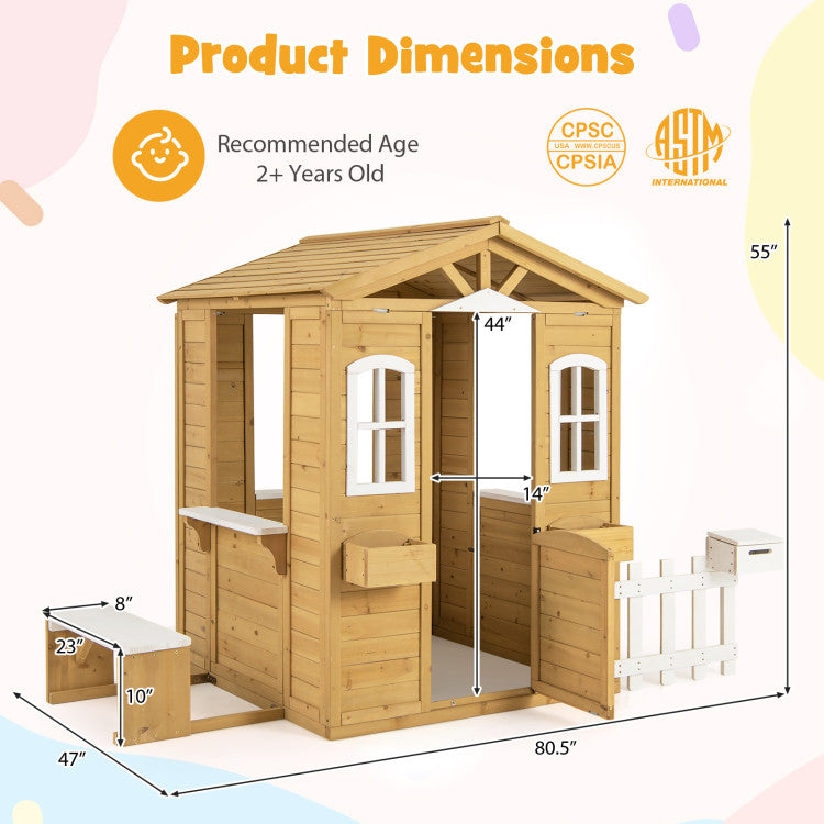 Kids Wood Playhouse with Bench and Serving Stations for 2+ Years Old Kids