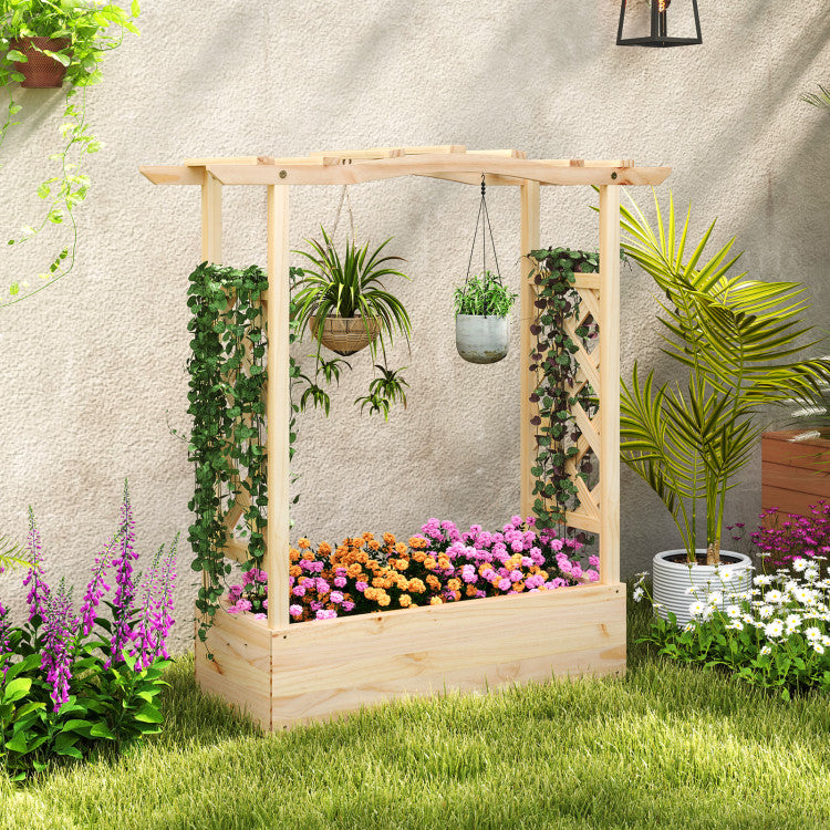 Outdoor Wooden Raised Garden Bed Planter Box with Trellis and Hanging Roof