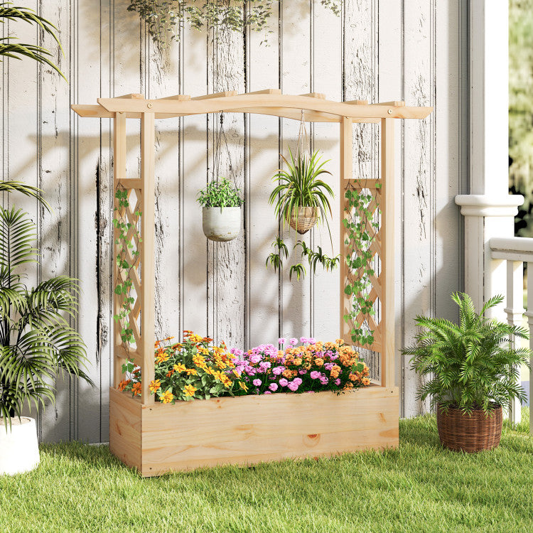 Outdoor Wooden Raised Garden Bed Planter Box with Trellis and Hanging Roof