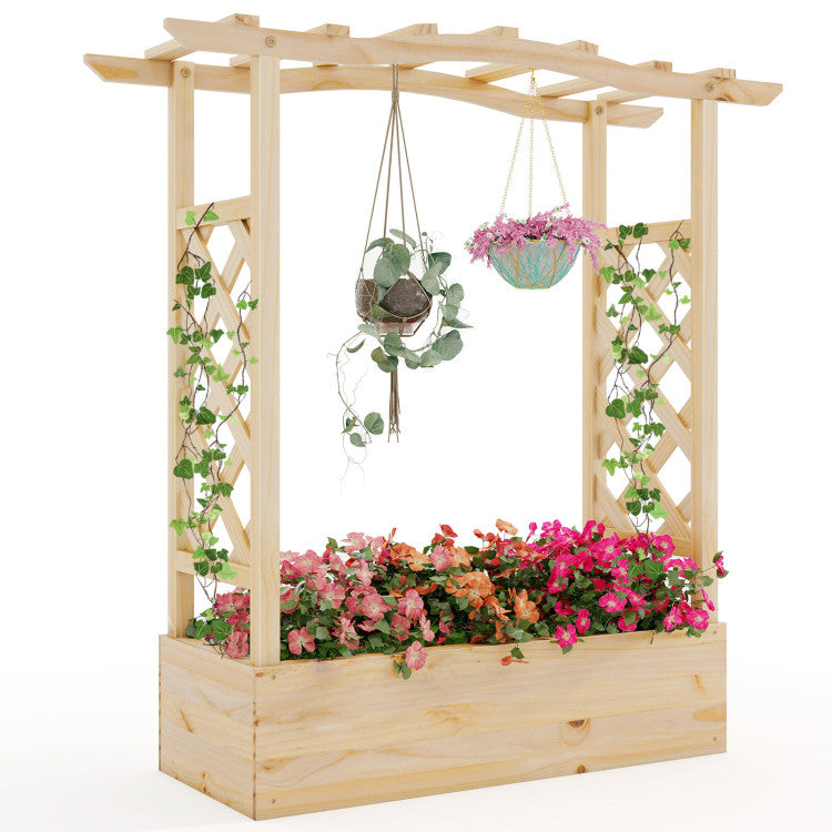 Outdoor Wooden Raised Garden Bed Planter Box with Trellis and Hanging Roof